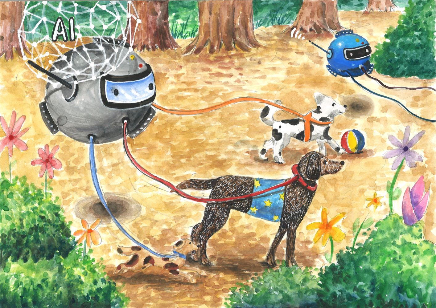 [그리기 고학년 부문_우수] 반려견을 산책하는 AI 로봇 이미지