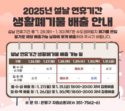 2025년 설날 연휴기간 생활폐기물 배출 안내
설날 연휴기간 중 “1. 28.(화) ~ 1. 30.(목)”은 수도권매립지 폐기물 반입 불가로 해당 배출가능 날짜에 맞게 배출하여 주시기 바랍니다.
설날 연휴기간 생활폐기물 배출 가능 일
 - 월·수·금 배출 동 : 1. 27.(월) 및 1. 31.(금) 18:00~20:00 저녁 집중배출
 - 일·화·목 배출 동 : 1. 26.(일) 및 1. 30.(목) 18:00~20:00 저녁 집중배출
 ※ 문 의 : 은평구 자원순환과(☎ 351-7562~6)