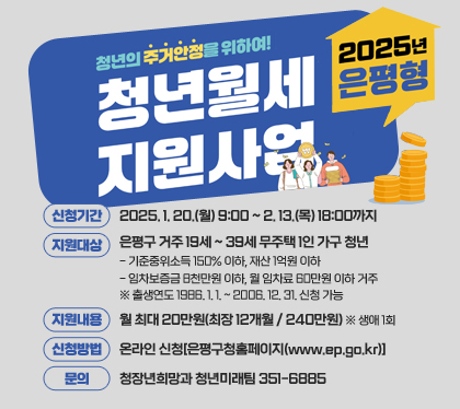 2025년 은평형 청년월세 지원사업
신청기간 : 2025. 1. 20.(월) 9:00 ~ 2. 13.(목) 18:00까지
지원대상 : 은평구 거주 19세 ~ 39세 무주택 1인 가구 청년
- 기준중위소득 150% 이하, 재산 1억원 이하
- 임차보증금 8천만원 이하, 월 임차료 60만원 이하 거주
※ 출생연도 1986. 1. 1. ~ 2006. 12. 31. 신청 가능
지원내용 : 월 최대 20만원(최장 12개월 / 240만원) ※ 생애 1회
신청방법 : 온라인 신청[은평구청홈페이지(www.ep.go.kr)]
문의 : 청장년희망과 청년미래팀 351-6885