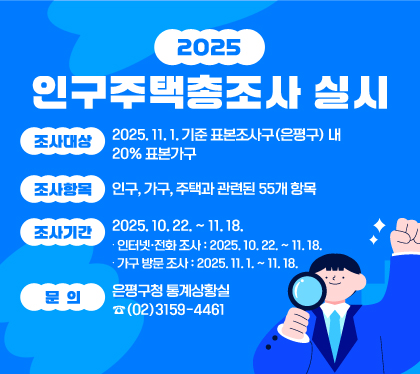 2025 인구주택총조사 실시
조사대상 : 2025. 11. 1. 기준 표본조사구(은평구) 내 20% 표본가구
조사항목 : 인구, 가구, 주택과 관련된 55개 항목
조사기간 : 2025. 10. 22. ~ 11. 18.
∙ 인터넷·전화 조사 : 2025. 10. 22. ~ 11. 18.
∙ 가구 방문 조사 : 2025. 11. 1. ~ 11. 18.
문의 : 은평구청 통계상황실 ☎(02)3159-4461