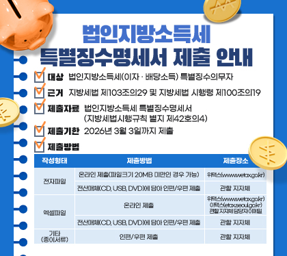 법인지방소득세 특별징수명세서 제출 안내
○ 대상 : 법인지방소득세(이자‧배당소득) 특별징수의무자
○ 근거 : 지방세법 제103조의29 및 지방세법 시행령 제100조의19
○ 제출자료 : 법인지방소득세 특별징수명세서(지방세법시행규칙 별지 제42호의4)
○ 제출기한 : 2026년 3월 3일까지 제출
○ 제출방법
작성형태 / 제출방법 / 제출장소
전자파일 / 온라인 제출(파일크기 20MB 미만인 경우 가능) / 위택스(www.wetax.go.kr)
전자파일 / 전산매체(CD, USB, DVD)에 담아 인편/우편 제출 / 관할 지자체
엑셀파일 / 온라인 제출 / 위택스(www.wetax.go.kr), 이택스(etax.seoul.go.kr), 관할 지자체 담당자 이메일
엑셀파일 / 전산매체(CD, USB, DVD)에 담아 인편/우편 제출 / 관할 지자체
기타(종이서류) / 인편/우편 제출 / 관할 지자체