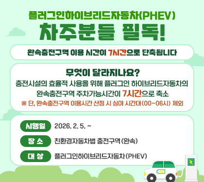 플러그인하이브리드자동차(PHEV) 차주분들 필독!
완속충전구역 이용 시간이 7시간으로 단축됩니다
무엇이 달라지나요?
충전시설의 효율적 사용을 위해 플러그인 하이브리드자동차의 완속충전구역 주차가능시간이 7시간으로 축소
※ 단, 완속충전구역 이용시간 산정 시 심야 시간대(00~06시) 제외
시행일 : 2026. 2. 5. ~
장소 : 친환경자동차법 충전구역(완속)
대상 : 플러그인하이브리드자동차(PHEV)
