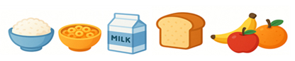 밥과 반찬, 통곡물 시리얼(오트밀 등)과 우유, 빵과 과일 이미지