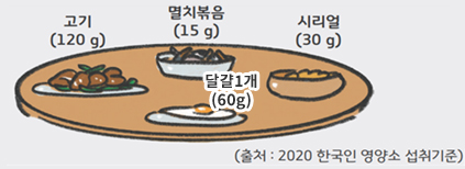 고기(120g), 멸치볶음(15g), 달걀1개(60g), 시리얼(30g) / (출처 : 2020 한국인 영양소 섭취기준)